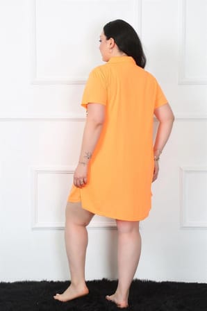 Büyük Beden Penye Düğmeli Turuncu Tunik Gecelik MERY WOMAN