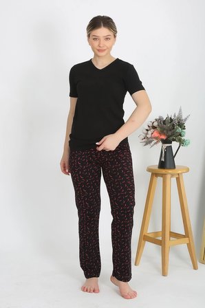 Kadın Kısa Kol Pamuk Penye Pijama Takım Siyah MERY WOMAN