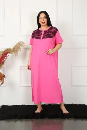 Büyük Beden Dantelli Kısa Kol Fuşya Anne Gecelik MERY WOMAN