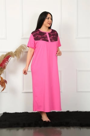 Büyük Beden Dantelli Kısa Kol Fuşya Anne Gecelik MERY WOMAN