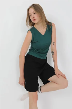 Kadın Kalın Askılı Pamuk Penye Şortlu Takım Yeşil MERY WOMAN