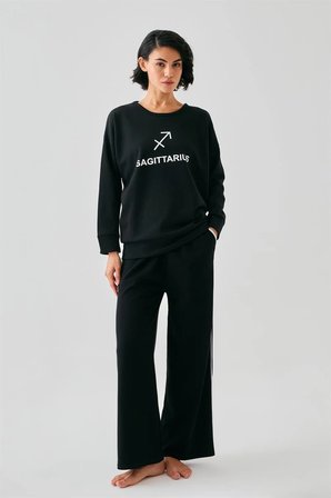 Kadın Siyah Yay Burcu Oversize 2 İplik Eşofman Ev Giyim Takımı MERY WOMAN