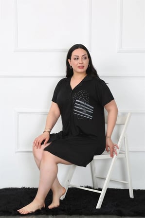 Büyük Beden Penye Düğmeli Siyah Tunik Gecelik MERY WOMAN