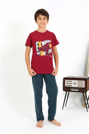 Erkek Çocuk Kısa Kol Penye Pijama Takım Bordo MERY WOMAN