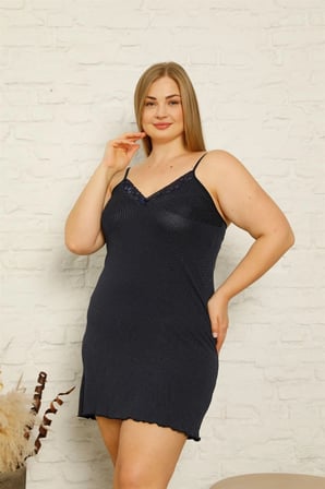 Kadın Pamuklu İp Askılı Büyük Beden Gecelik Lacivert MERY WOMAN