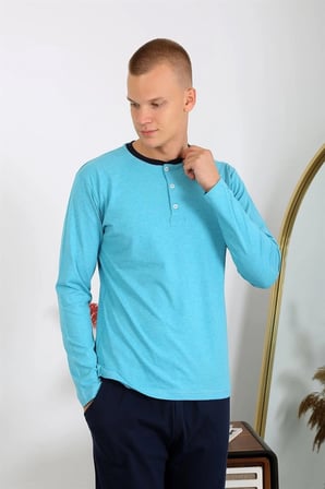 Erkek Penye Uzun Kol Pijama Takımı Turkuaz MERY WOMAN
