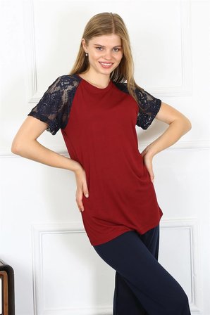 Kadın Kolu Dantelli Penye Pijama Takım Bordo MERY WOMAN