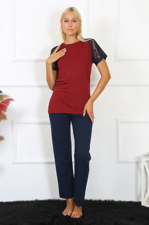 Kadın Kolu Dantelli Penye Pijama Takım Bordo MERY WOMAN