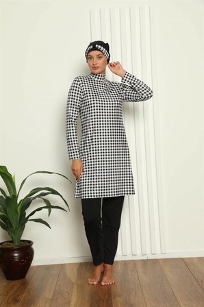 Tam Tesettür Dijital Desenli Mayo Siyah - Beyaz MERY WOMAN