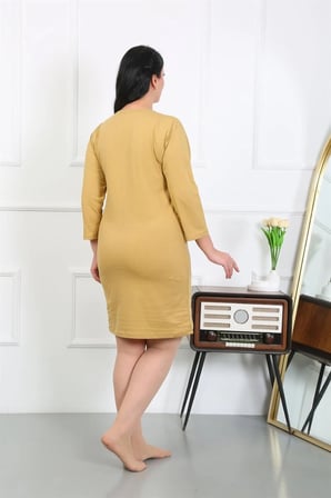 Kadın Büyük Beden Penye Gecelik Ev Elbisesi Hardal MERY WOMAN