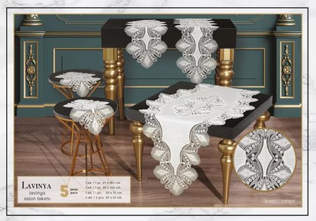 Krem-Krem Linya Model 5 Parça Keten Dantelli Runner Seti Çeyizlik Salon Takımı