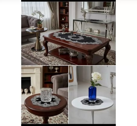 5 Parça Siyah Elora Model Velvet Kadife Dantelli Salon Takımı Masa Örtüsü Runner Seti