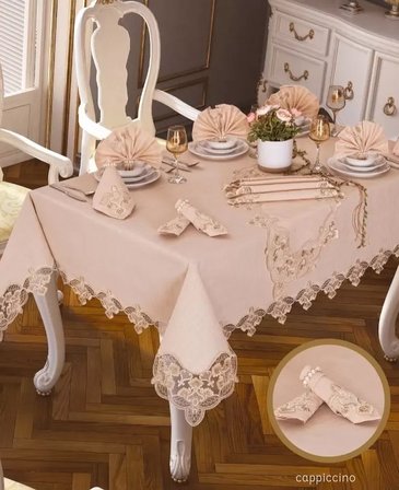Kapiçino Karanfil Gardenya Keten 12 Kişilik 26 Parça 160 × 220 cm Sofra Takımı