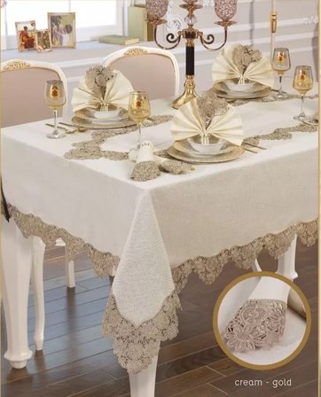 El İşi Angles Flora 17 Parça 8 Kişilik165 × 265 cm Runner Krem-Gold Şık Çeyizlik Masa Takımı