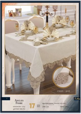 El İşi Angles Flora 17 Parça 8 Kişilik165 × 265 cm Runner Krem-Gold Şık Çeyizlik Masa Takımı