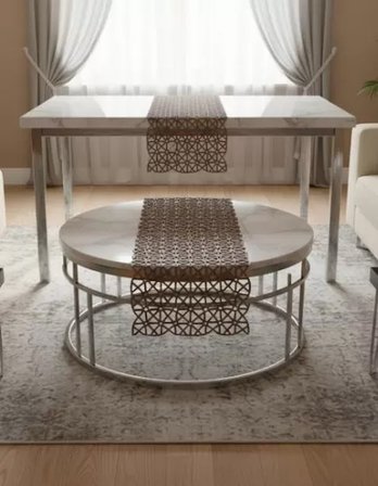 Angles Model Kahverengi 5 Parça Dantel Runner Seti Masa Örtüsü Salon Takımı