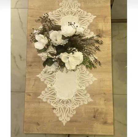 Salon Takımı 5 Parça Keten Masa Örtüsü Runner Seti Çeyizlik Gülseda Model No 896 Krem-Krem