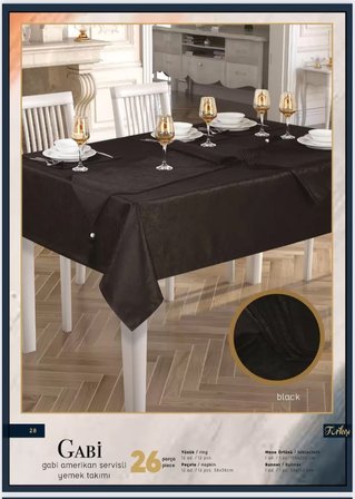 Gabi Amerikan Servisli Yemek Takımı Masa Seti 12 Kişilik 26 Parça 160 × 260 cm Runner Set Siyah