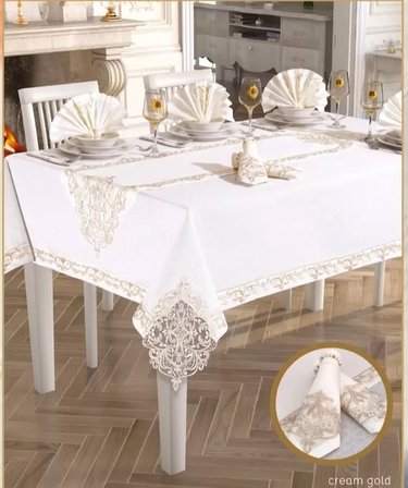 Elegant Linen 26 Parça 12 Kişilik Krem-Gold 160 × 260 cm Masa Takımı