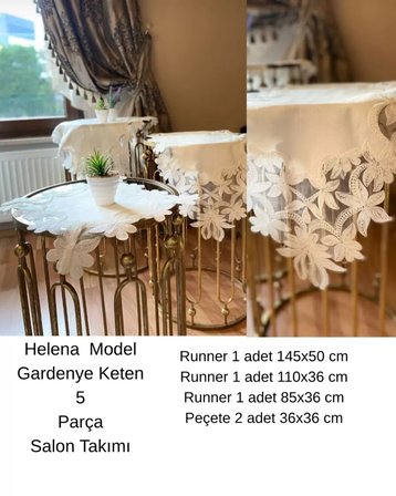 Salon Takımı Çeyizlik Helena Model Krem 5 Parça Keten Dantelli Runner Seti
