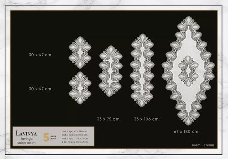 Linya Model Krem-Krem 5 Parça Keten Dantelli Salon Takımı Runner Seti No 2