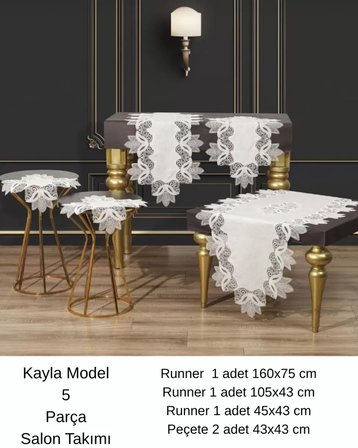 Çeyizlik Kayla Model Krem-Gümüş 5 Parça Keten Dantelli Runner Seti Lüks Salon Takımı