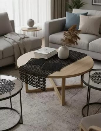 Açılı Model Siyah 5 Parça Salon Takımı Dantel Runner Seti Masa Örtüsü