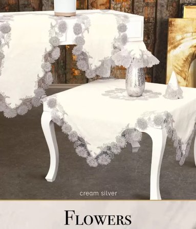 Flowers Model Krem 5 Parça Keten Dantelli Runner Seti Lüks Salon Takımı