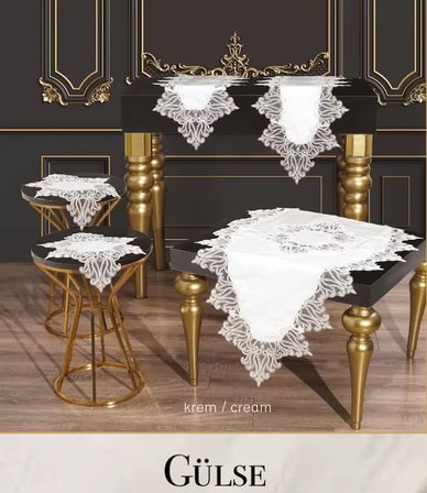 Salon Takımı 5 Parça Keten Dantelli Masa Örtüsü Runner Seti Çeyizlik Gülseda Model Krem-Krem