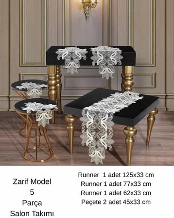 Çeyizlik Zarif Model Simli Oksit Renk Dantelli Masa Örtüsü Runner Seti 5 Parça