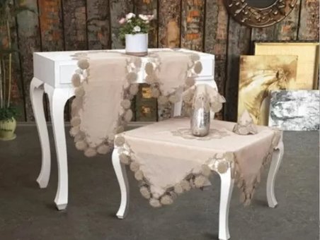 Salon Takımı 5 Parça Keten Dantelli Masa Örtüsü Runner Seti Çeyizlik Flowers Model Kapiçino