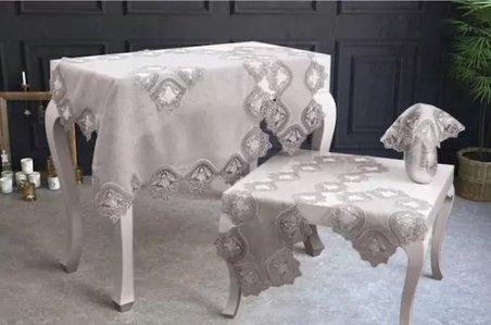 Salon Takımı 5 Parça Keten Dantelli Masa Örtüsü Runner Seti Çeyizlik Flowers Model Kapiçino