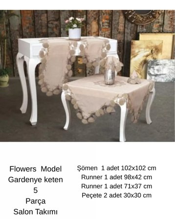 Salon Takımı 5 Parça Keten Dantelli Masa Örtüsü Runner Seti Çeyizlik Flowers Model Kapiçino