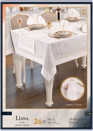 Liana Krem-Krem 12 Kişilik 26 Parça 155 × 220 cm Zarif Şık Sofra Masa Seti