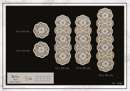 Salon Takımı 5 Parça Dantelli Masa Örtüsü Runner Seti Alya Model No 124 - Altın