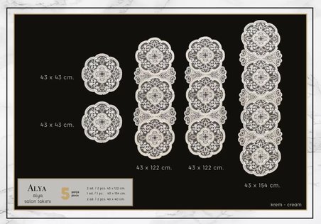 Salon Takımı 5 Parça Dantelli Masa Örtüsü Runner Seti Alya Model - Krem