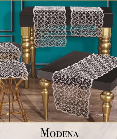 Modena Krem Model 5 Parça Tül İşlemeli Masa Örtüsü Yolluk Seti