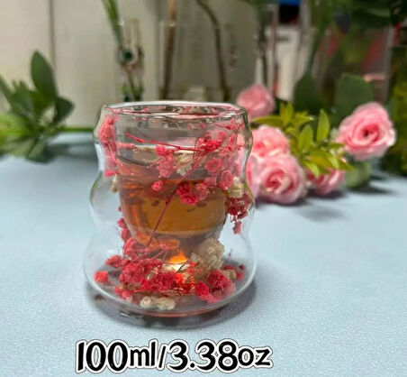 Isıya Dayanıklı Canlı Kurutulmuş Çiçekli Çift Cidarlı Cam Kahve Kupası 100 ML