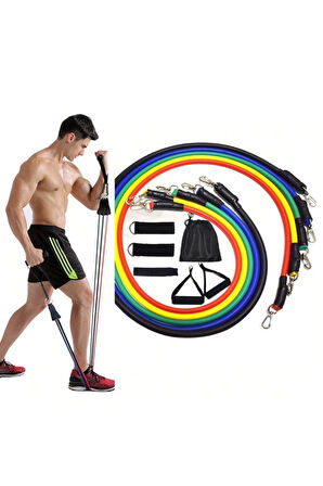 CKSpor 11 Parça Latex Direnç Bandı Seti – Kapı Arkası Egzersiz & Fitness Lastiği Seti CKS-124 