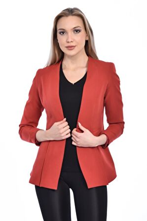 Modkofoni Düğme ve Pile Detaylı Blazer Kiremit Kadın Ceket