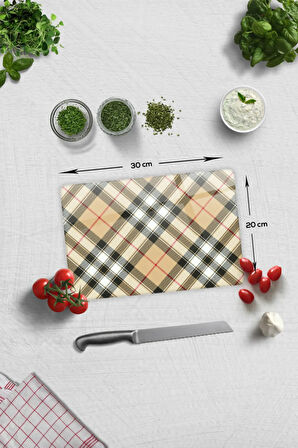 Cam Kesme Tahtası - Cam Kesme Tablası | Krem Ekose Desen | 20cm x 30cm