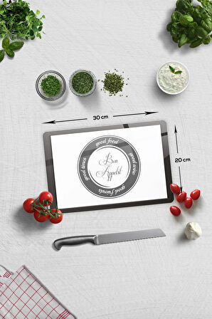 Cam Kesme Tahtası - Cam Kesme Tablası | Good Food - Beyaz Fon | 20cm x 30cm