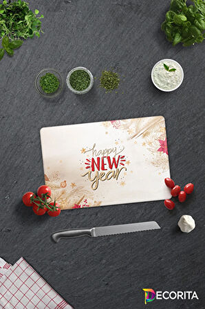 Cam Kesme Tahtası - Cam Kesme Tablası | Happy New Year - Gold | 20cm x 30cm