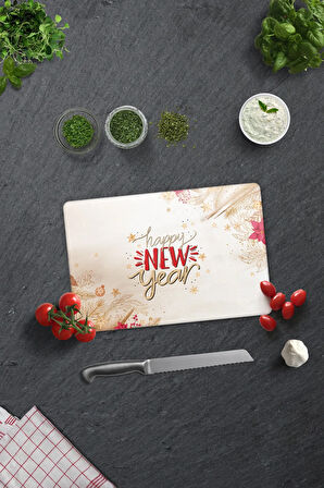 Cam Kesme Tahtası - Cam Kesme Tablası | Happy New Year - Gold | 20cm x 30cm