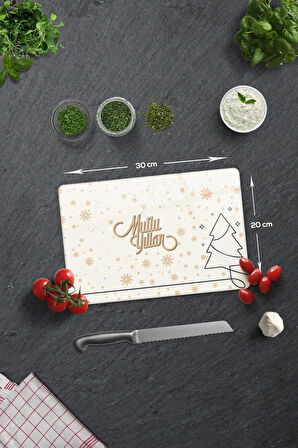 Cam Kesme Tahtası - Cam Kesme Tablası | Mutlu Yıllar Krem | 20cm x 30cm