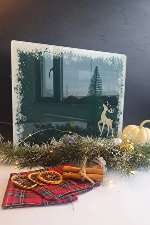 Cam Kesme Tahtası - Cam Kesme Tablası | Yeni Yıl Kar Çerçeveli | 20cm x 30cm