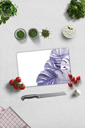 Cam Kesme Tahtası - Cam Kesme Tablası | Mor yapraklar Beyaz Fon | 20cm x 30cm
