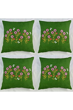 Çiçek Desenli Nakışlı Kırlent Kılıfı Fermuarlı 40x40 4'lü