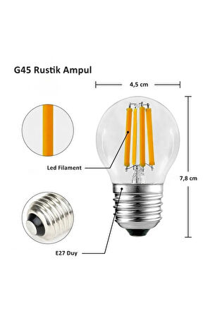 6 Watt Mini Top Ampul Led Filament G45 Şeffaf Cam Rustik Ampul E27 Duy 3000k Gün Işığı 10 Adet