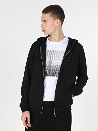 Regular Fit Kapişonlu Siyah Erkek Sweatshirt